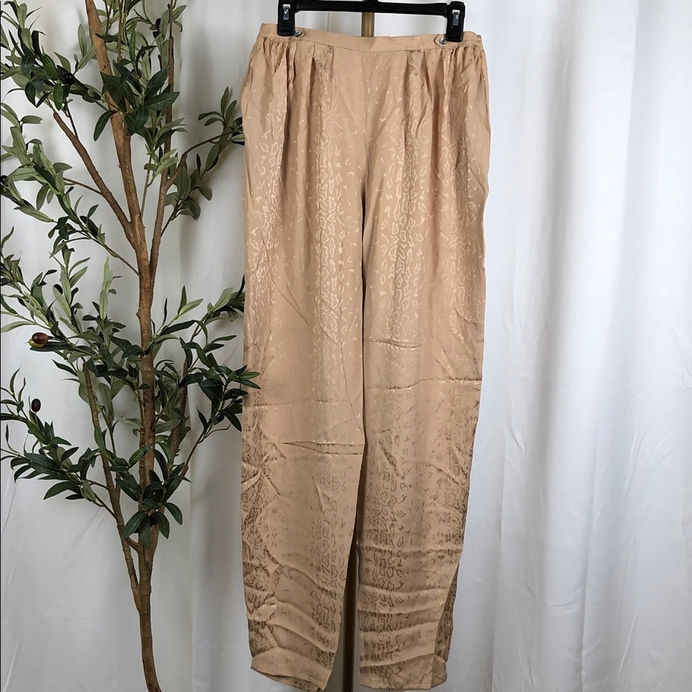 Women’s Light Tan Patterned Pull-On 100% Silk Pants Sz 14 (V1)